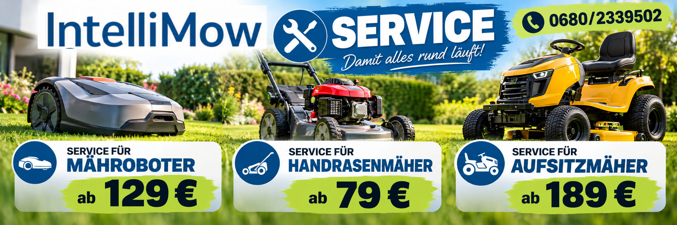 Intellimow Service für Mähroboter Rasenmäher Aufsitzmäher